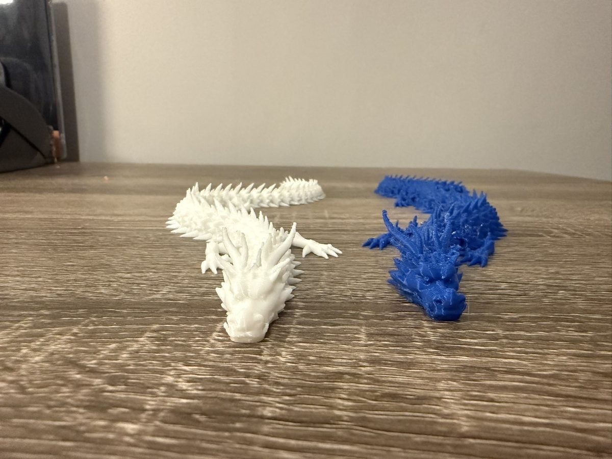 White and blue articulated dragons